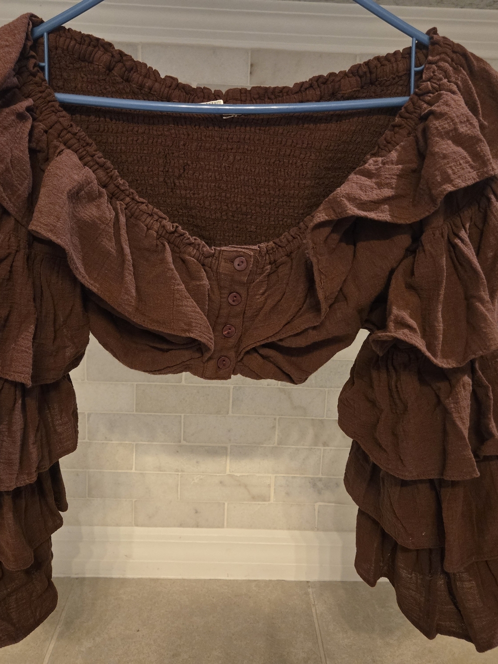Free People Brown Ruffled Off-Shoulder Crop Top